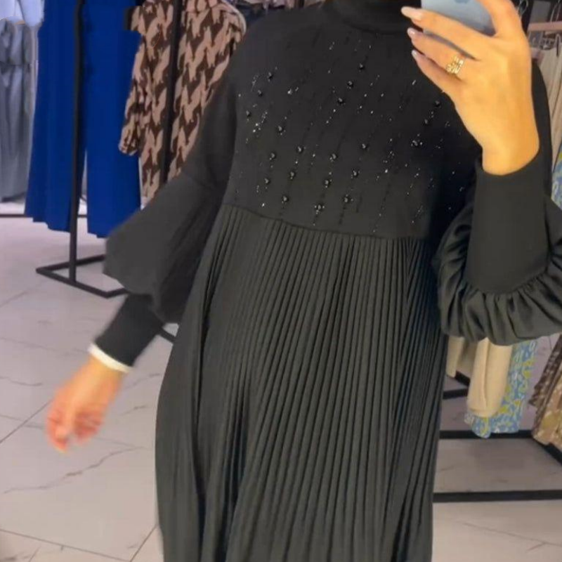 NORVIAS | Elegant Pleated Dress with Puff Sleeves